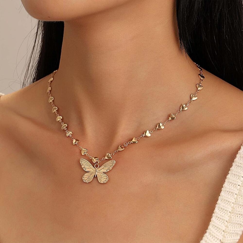 Gold Tone Butterfly Heart Necklace – Statement Choker Chain for Women